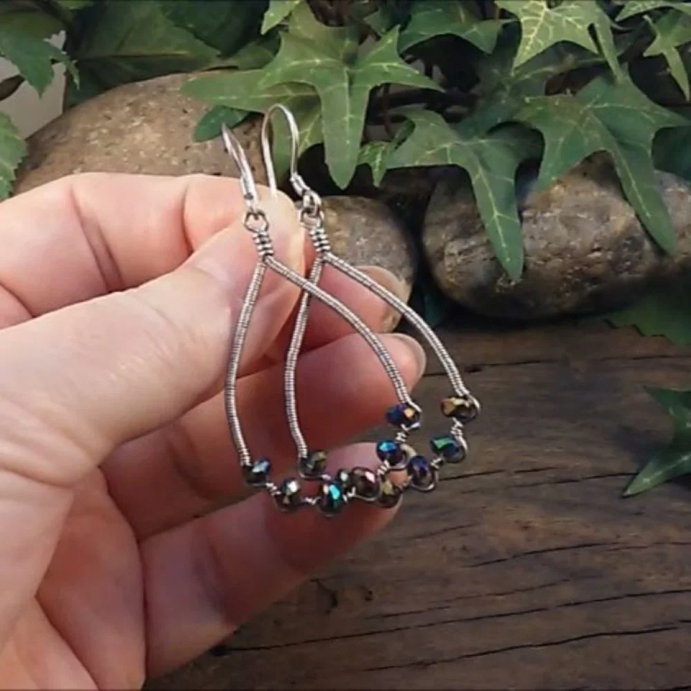 Rainbow Crystals Wire Wrapped ZigZag Teardrop Hoop Earrings - Picture 3 of 5